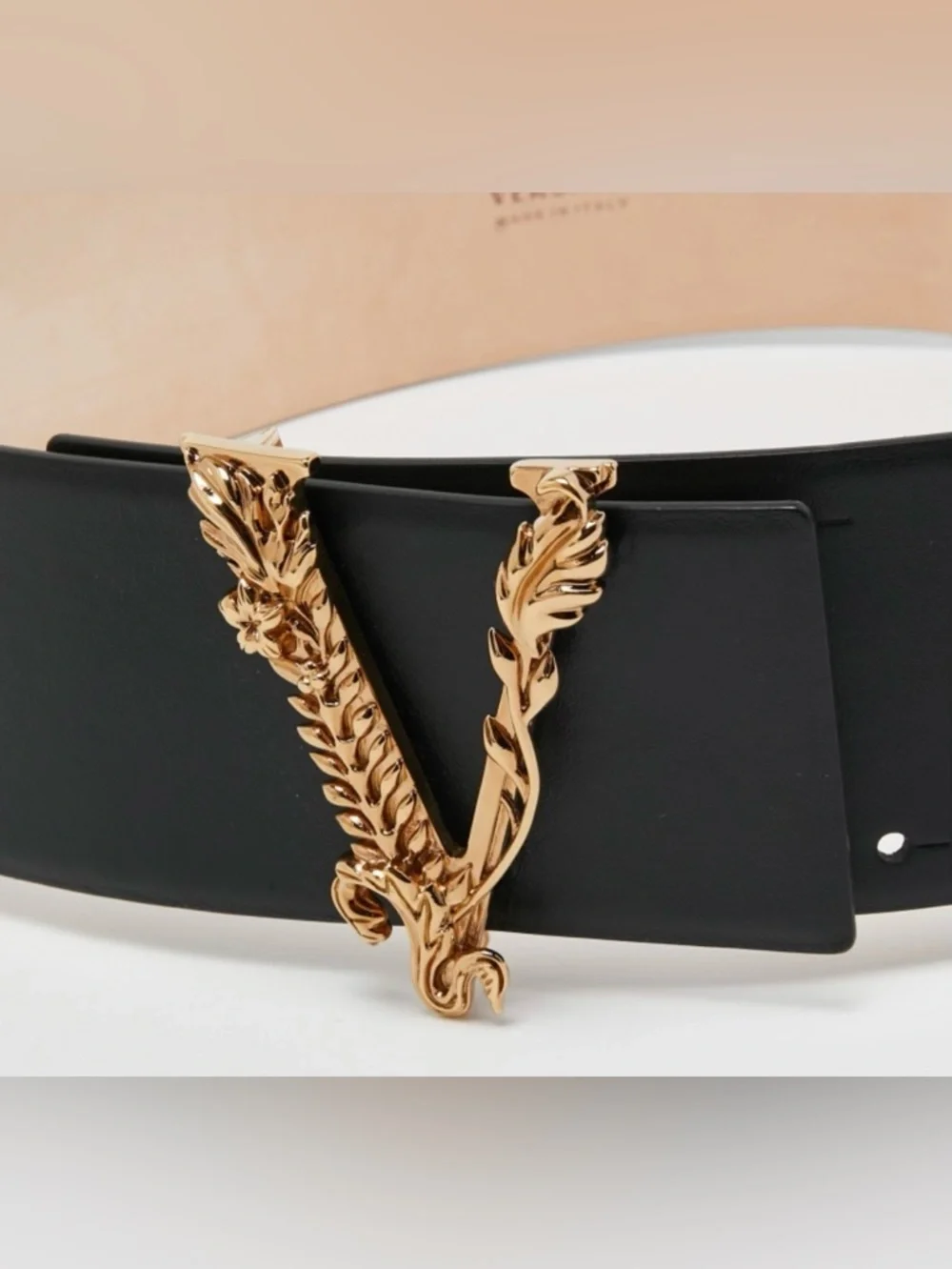 Versace Virtus Black Leather Waist Belt with Gold V Buckle - Picture 5 of 7